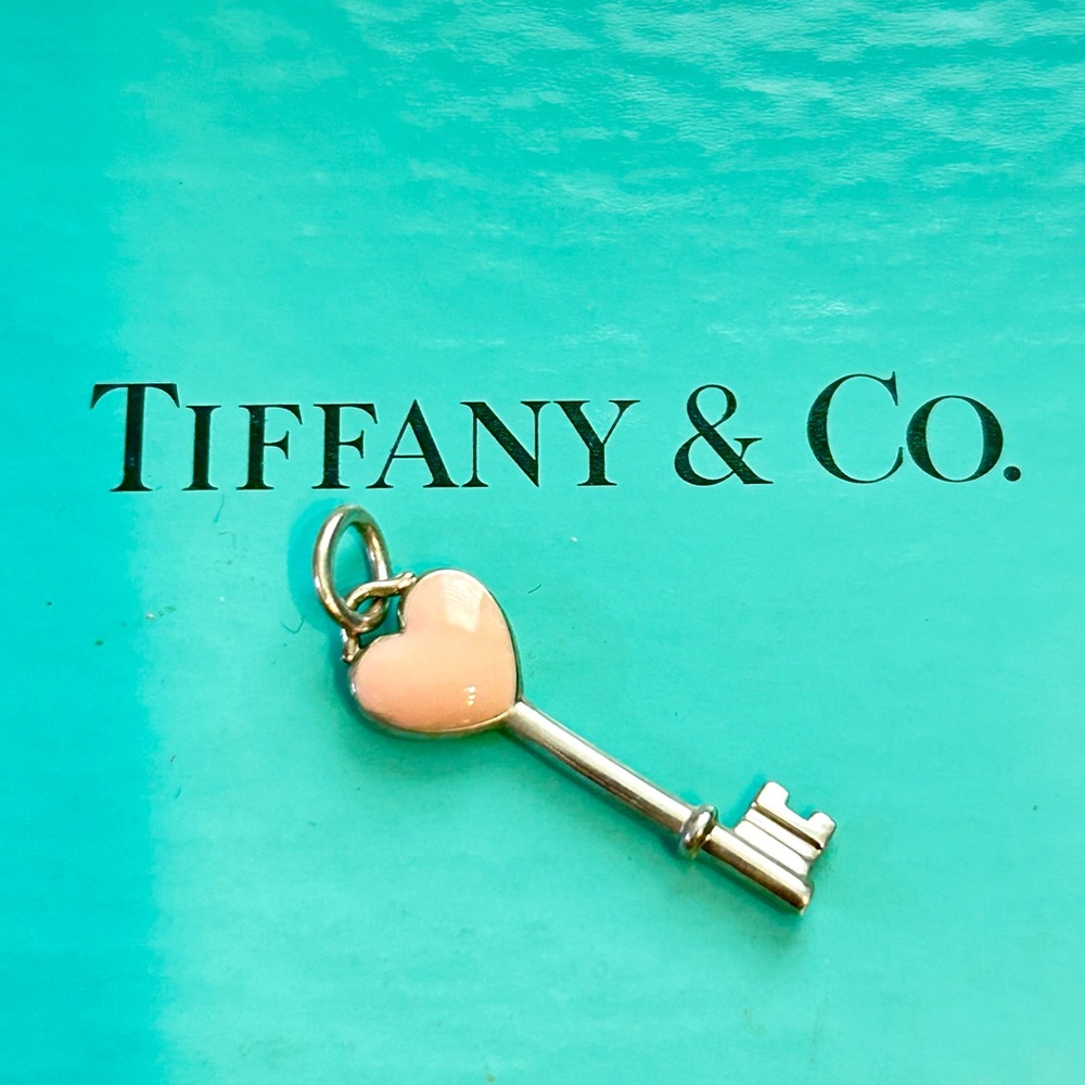 Tiffany & Co Pink Enamel Heart Key Charm Necklace Pendant Silver 925